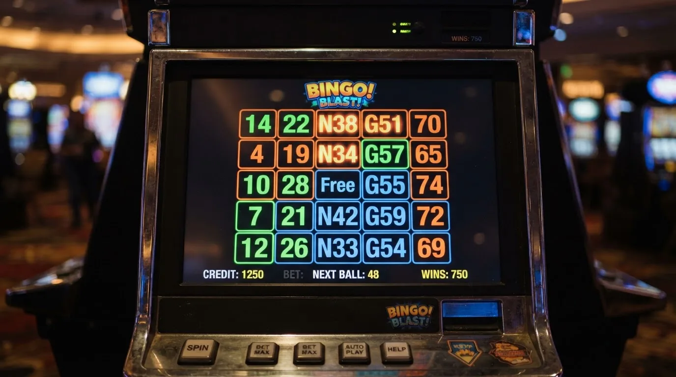 Ekran automatu do gry z kolorową planszą w stylu bingo i podświetlonymi liczbami