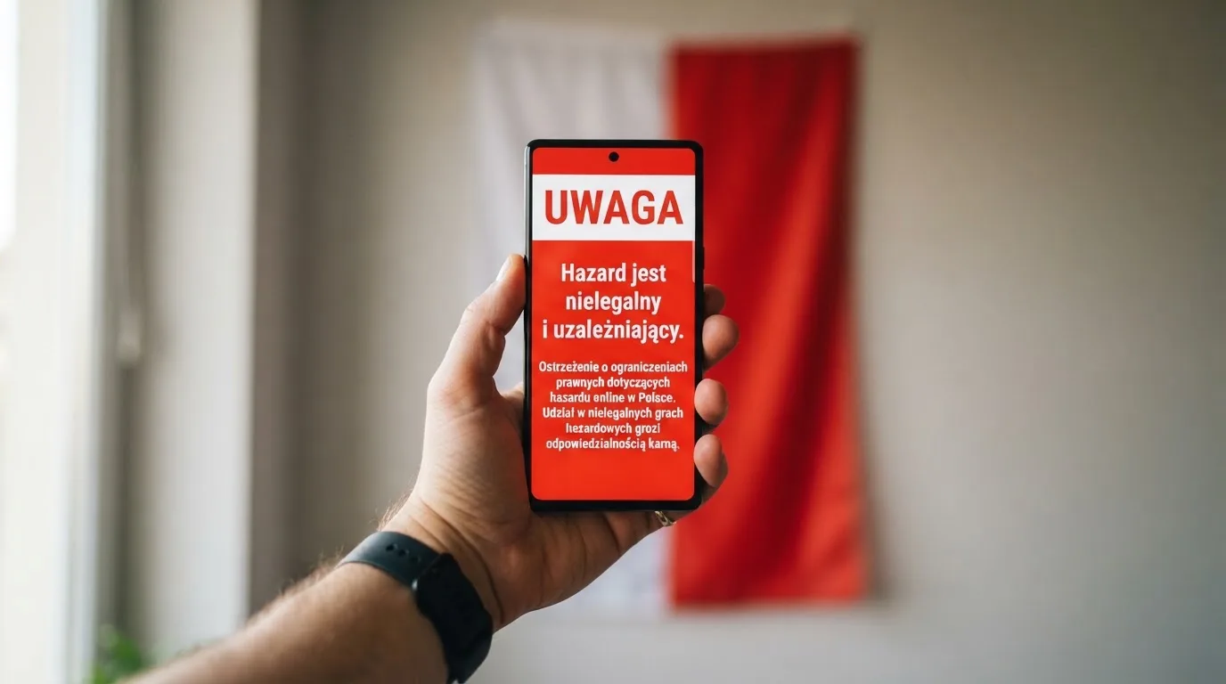 Dłoń trzymająca telefon z widocznym komunikatem ostrzegawczym o legalności hazardu online na tle biało-czerwonej flagi Polski.