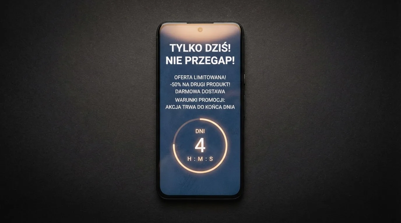 Zbliżenie na telefon z listą warunków promocji i licznikiem odliczającym dni do końca oferty