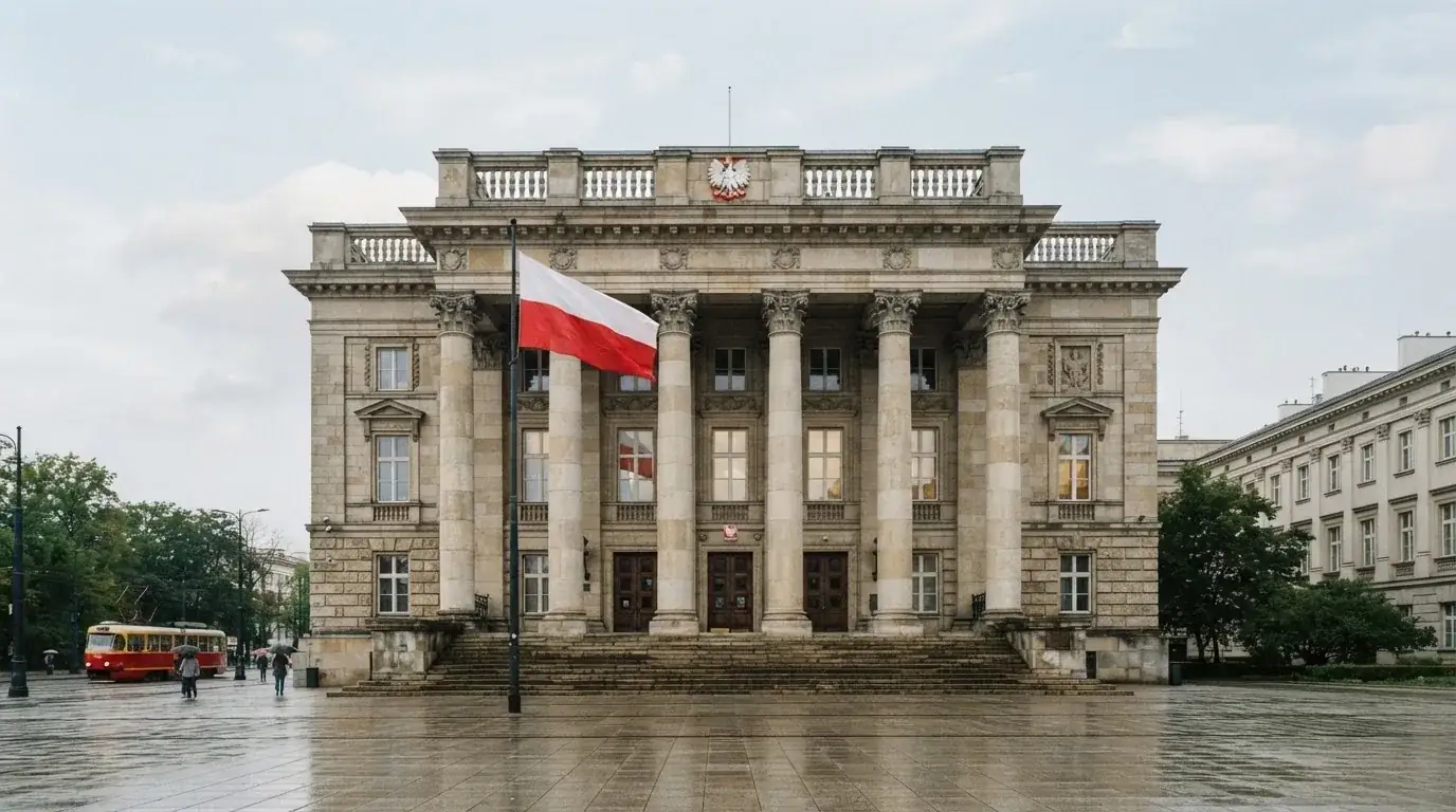 Fasada budynku instytucji państwowej z flagą Polski, symbol nadzoru regulatora nad rynkiem gier hazardowych