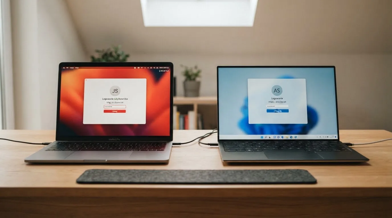 Dwa ekrany logowania kasyna online obok siebie na biurku, jeden z polskim interfejsem złotówkowym, symbolizujące porównanie dwóch różnych serwisów
