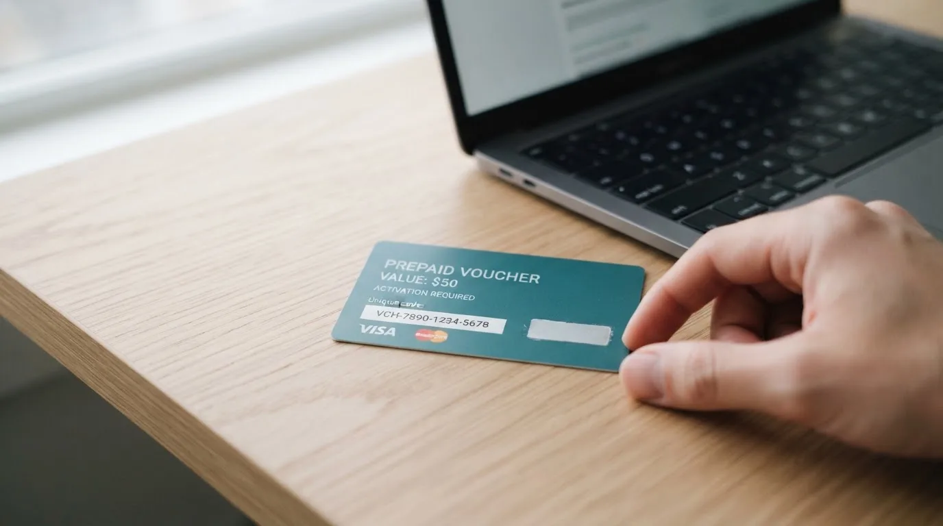 Karta przedpłacona Paysafecard z zasłoniętym polem kodu PIN obok klawiatury laptopa