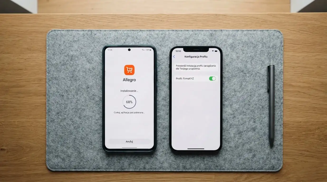 Dwa iPhone'y obok siebie: na jednym instalacja aplikacji ze sklepu App Store, na drugim ekran ustawień z prośbą o zainstalowanie profilu konfiguracyjnego
