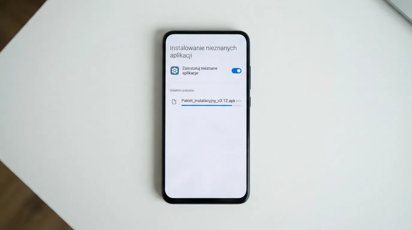Ekran ustawień Androida z przełącznikiem zgody na instalację aplikacji z nieznanego źródła i pobranym plikiem instalacyjnym na liście