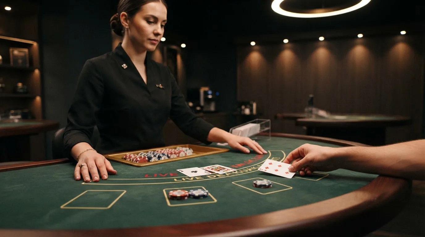 Krupier rozdający karty przy stole blackjacka podczas transmisji na żywo