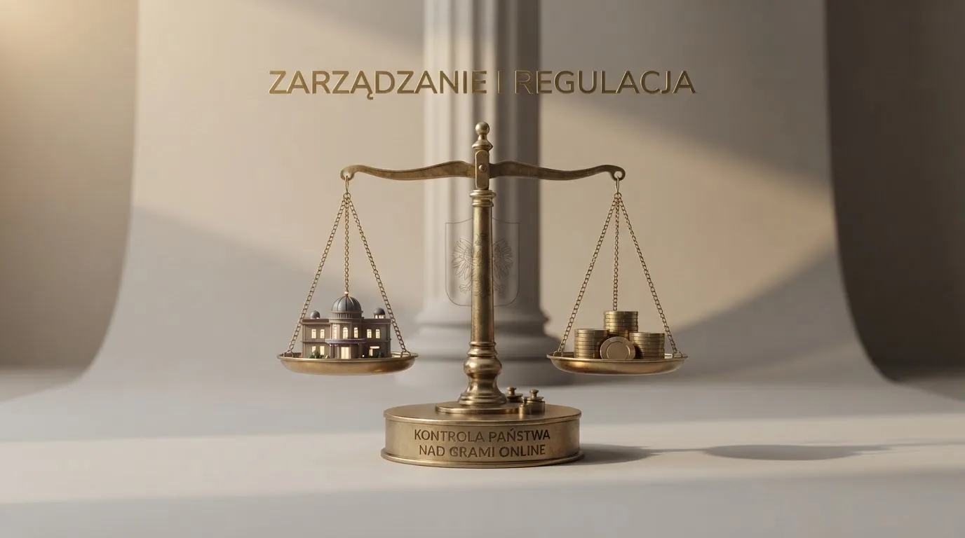Ikona wagi sądowej obok symbolu kasyna, ilustrująca państwowy monopol na kasyno online w Polsce