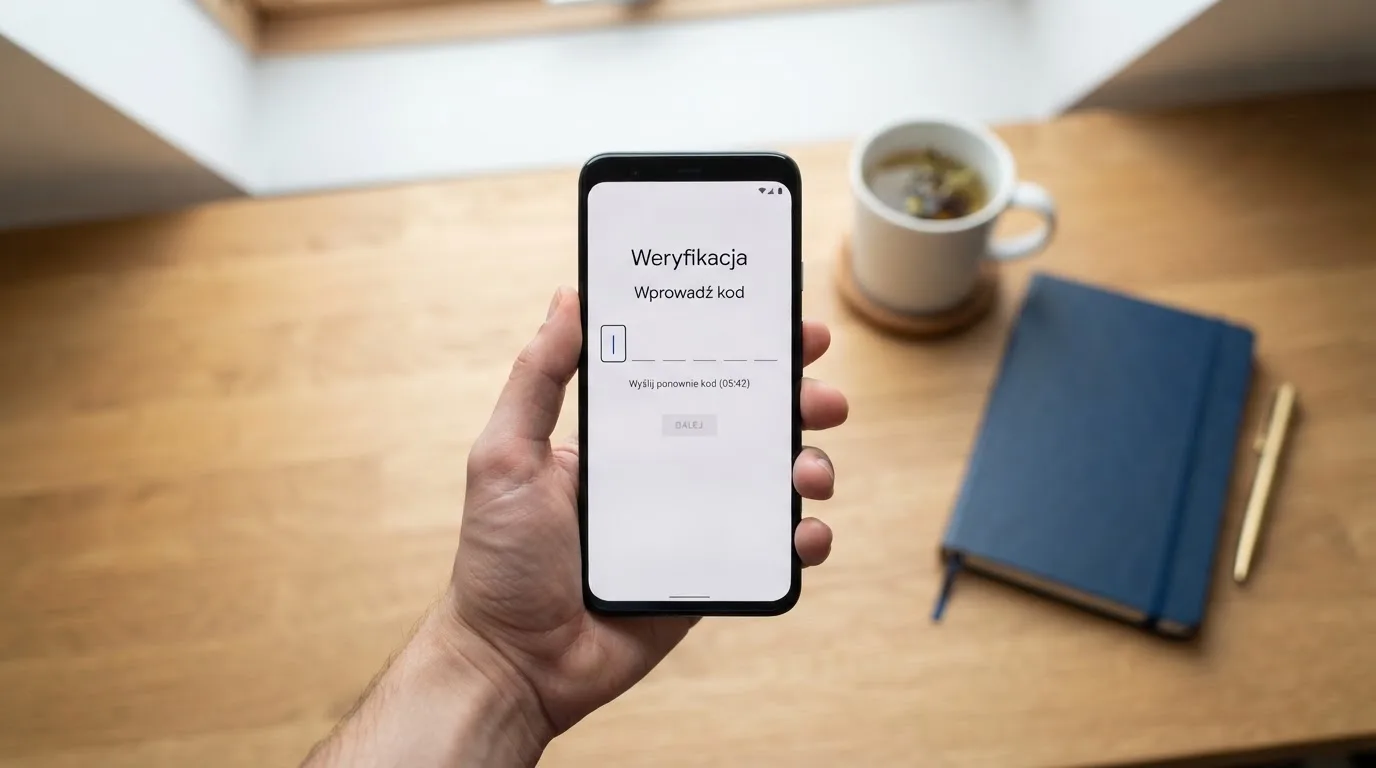 Dłoń trzyma smartfon z prostym ekranem wpisywania kodu potwierdzającego złożonego z kilku cyfr, telefon leży na biurku obok kubka herbaty.