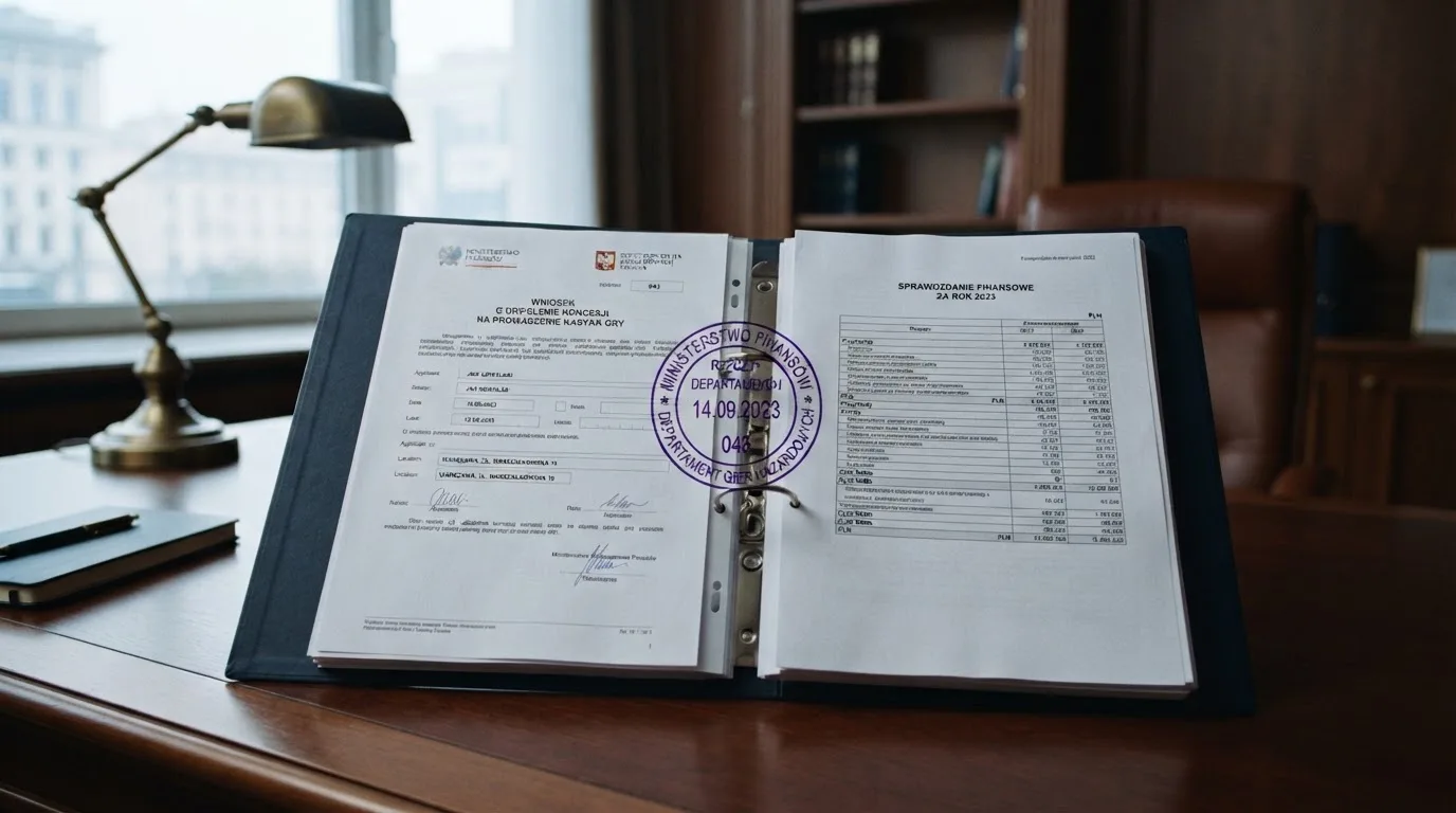 Segregator z wnioskiem o koncesję na kasyno gry, wydrukiem sprawozdania finansowego i urzędową pieczątką leżący na biurku