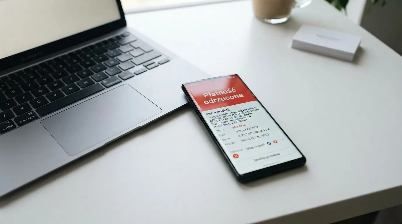 Smartfon z otwartym portfelem kryptowalut i komunikatem o odrzuconej płatności leżący obok laptopa