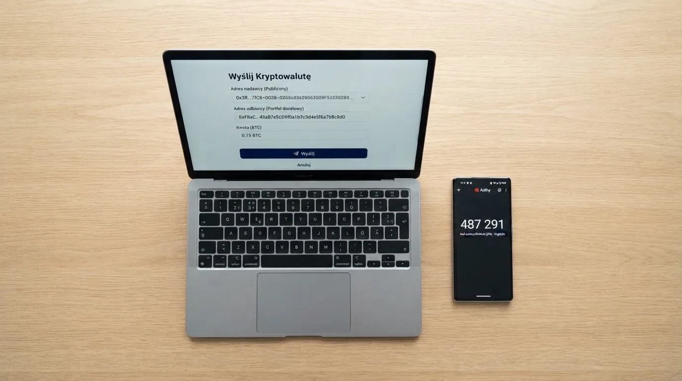 Ekran komputera z aplikacją giełdy i oknem przelewu na adres portfela, obok telefon z kodem uwierzytelniania