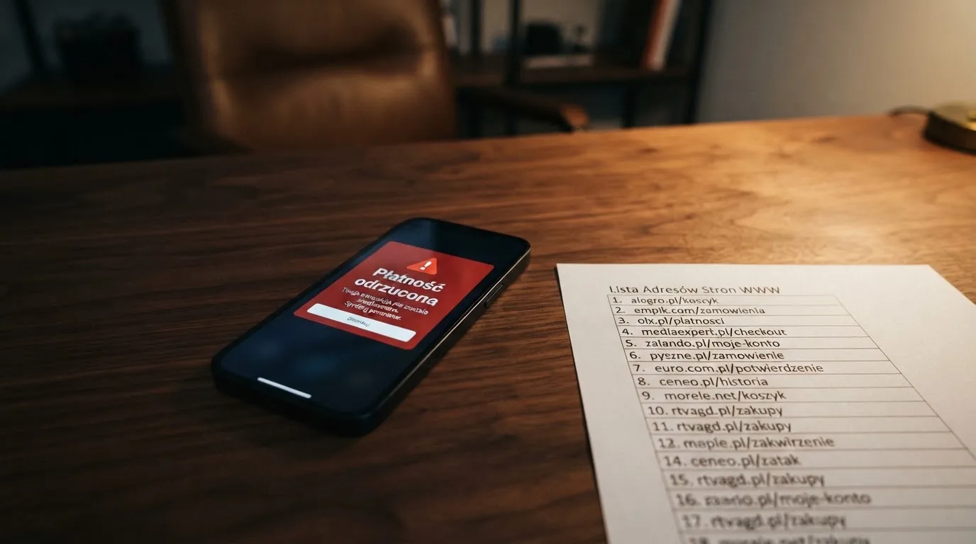 Telefon z komunikatem o odrzuconej płatności na ekranie, obok wydruk tabeli z listą zablokowanych adresów stron