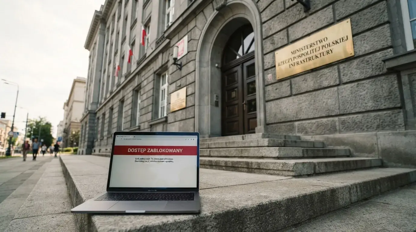 Budynek urzędu z tablicą ministerstwa, na pierwszym planie laptop z komunikatem o zablokowanej stronie kasyna