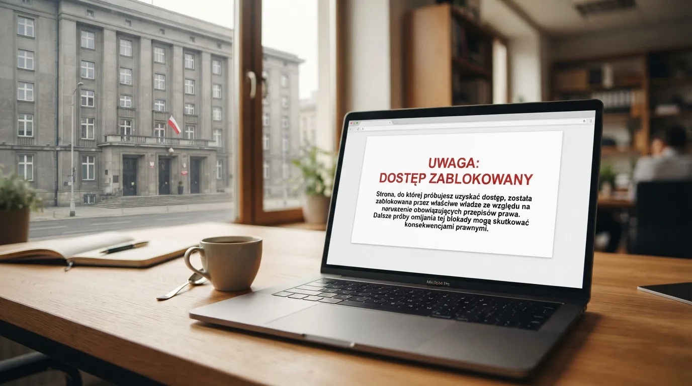 Laptop z komunikatem o zablokowanej stronie hazardowej, w tle budynek urzędu z tablicą ministerstwa