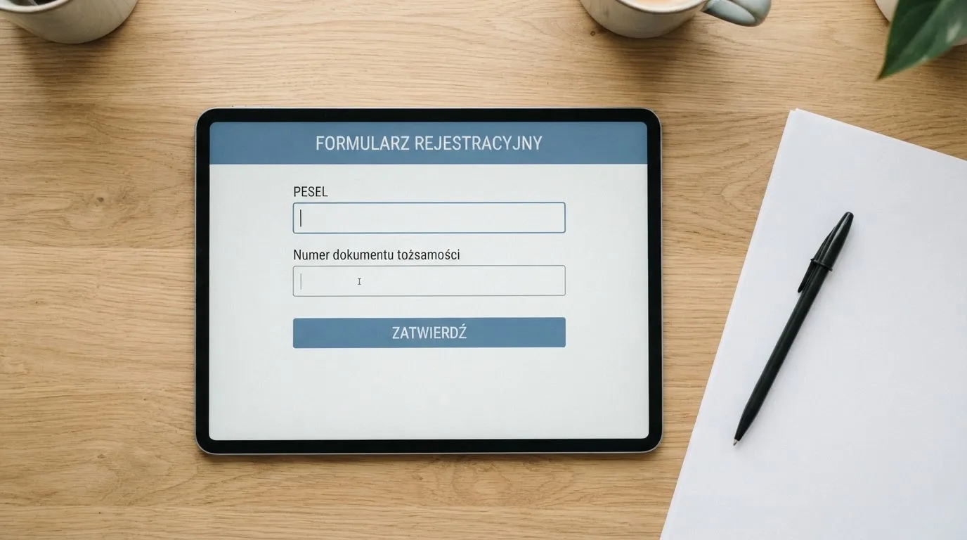 Formularz rejestracji konta gracza z polami na PESEL i numer dokumentu tożsamości na ekranie tabletu
