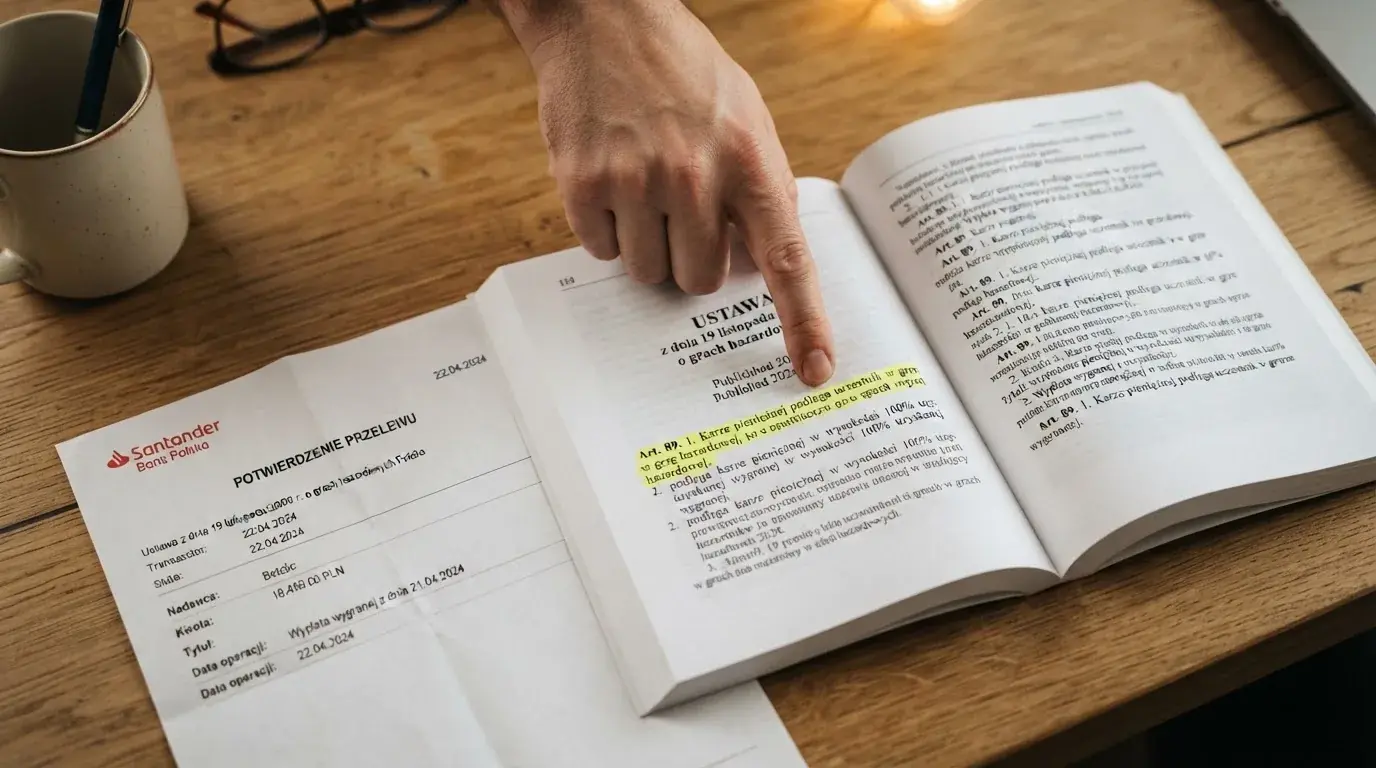 Otwarty tekst ustawy o grach hazardowych z zakreślonym artykułem, obok wydruku potwierdzenia przelewu wygranej