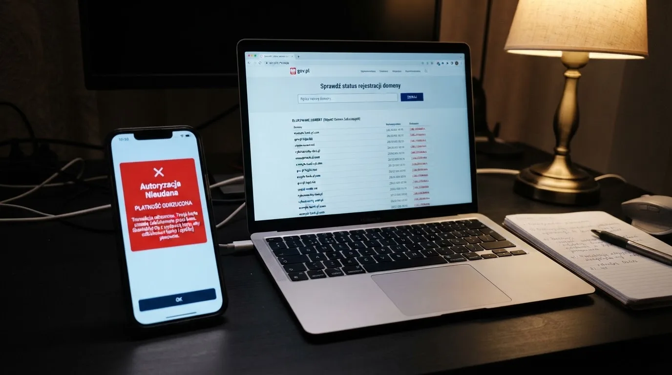 Ekran iPhone'a z odrzuconą płatnością BLIK obok otwartej w Safari wyszukiwarki rejestru domen Ministerstwa Finansów