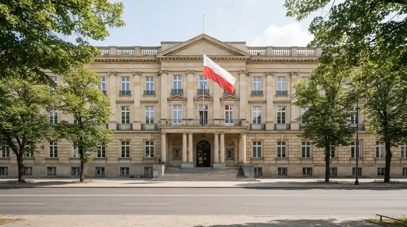 Budynek urzędu administracji państwowej z flagą Polski na maszcie w tle