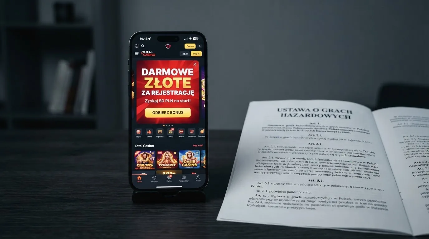 Telefon z wyskakującym banerem obiecującym darmowe złotówki za rejestrację, obok wydruk ustawy o grach hazardowych