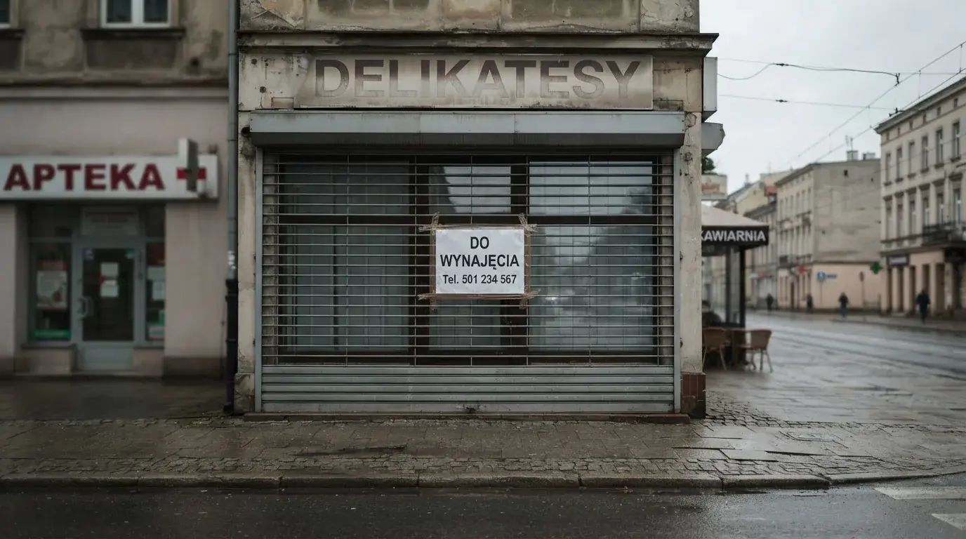 Pusty, zamknięty lokal handlowy z tabliczką „do wynajęcia”, symbolizujący brak działających salonów gry bingo pieniężne