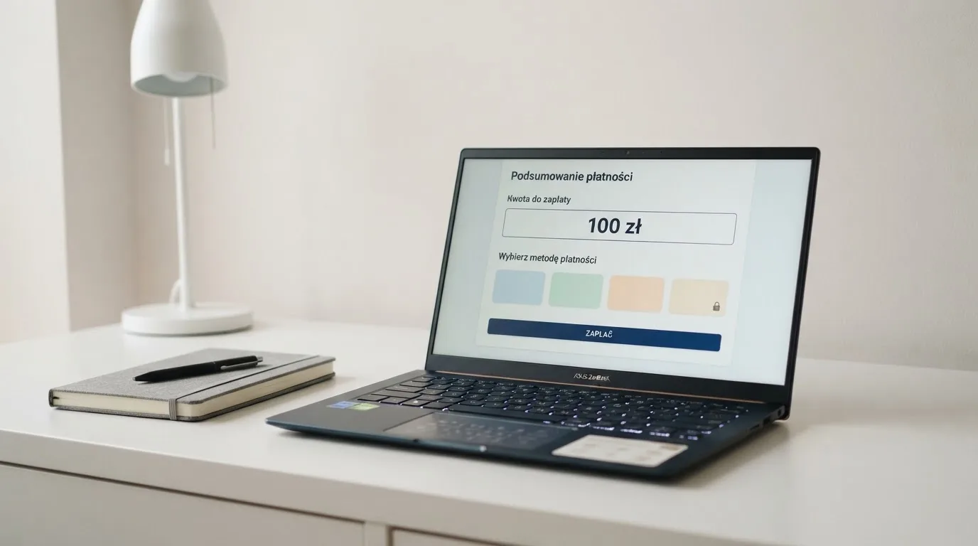 Laptop z oknem wpłaty na ePortfel, wpisana kwota 100 zł i lista metod: BLIK, karta płatnicza, szybki przelew