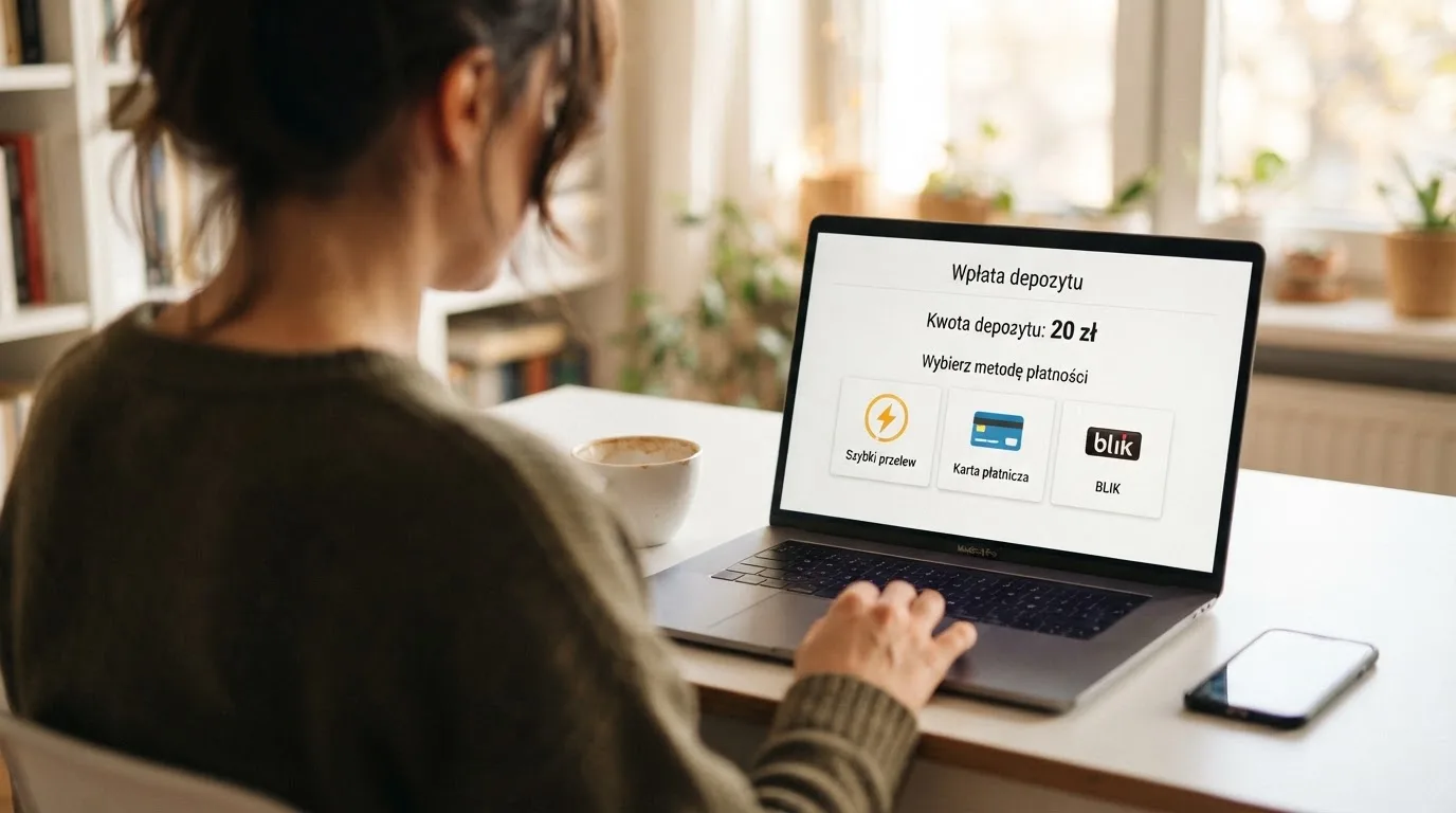 Laptop z otwartym formularzem wpłaty na kwotę 20 zł i wyborem między szybkim przelewem, kartą płatniczą a BLIK-iem